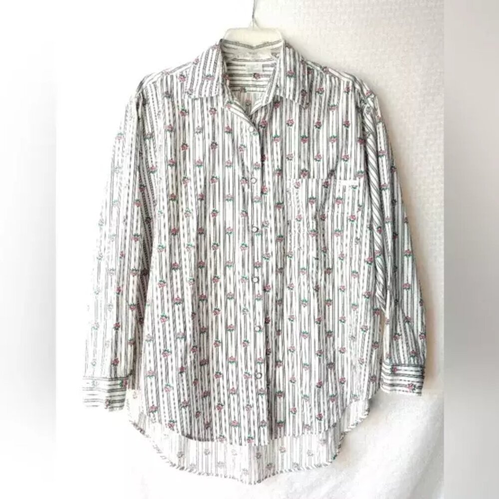 Sweet Vintage Floral Shirt Pink White Black Striped Large Chest 48" by Emanuelle